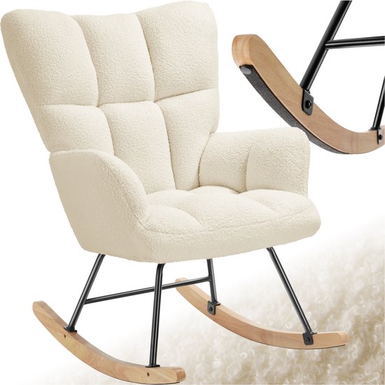 tectake Schaukelstuhl Torve - Gepolsterter Bouclé-Stoff-Schaukelstuhl im Scandi-Stil - Entspannungssessel mit Holzgleitern, weicher Polsterung und hoher Rückenlehne für optimalen Komfort - 70 x 96 x 97 cm - Beige