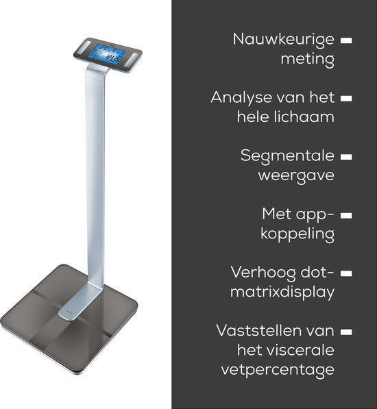 Beurer BF 1000 Superpräzisions-Personenwaage - Umfassende Körperanalyse - Säulenwaage - Beleuchtetes XXL-Display - Bis 200 kg - Kreuzmessung - 8 Elektroden - Bluetooth® - Beurer HealthManager Pro App - Inkl. Batterien - 5 Jahre Garantie