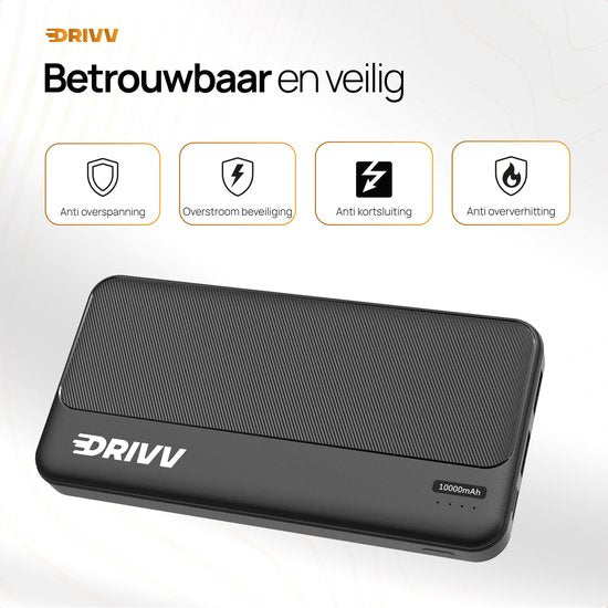 Drivv. Powerbank 10.000 mAh - 22,5W Schnellladegerät - Schnellladung USB 3.0 - USB C - Geeignet für Samsung / iPhone / mehr - Schwarz
