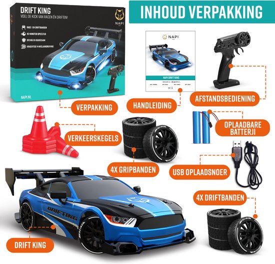 NAPI Controllable RC Car - Drift Car mit 2 Batterien, LED & Zubehör - 15 km/h - Outdoor-Spielzeug - Rennautos für Jungen & Erwachsene - Outdoor-Spielzeug - Spielzeugauto Radiographic - Drift King