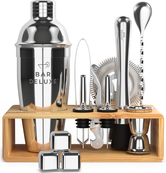 BarDeluxe® Cocktail Set - 13-teilig - Cocktail Shaker 750 ml mit Bambusständer, Rezeptbuch & Whiskey Stones - Luxus-Geschenkpaket