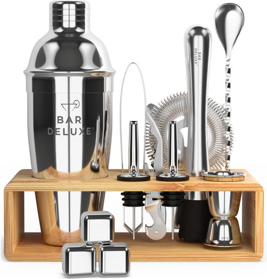 BarDeluxe® Cocktail Set - 13-teilig - Cocktail Shaker 750 ml mit Bambusständer, Rezeptbuch & Whiskey Stones - Luxus-Geschenkpaket