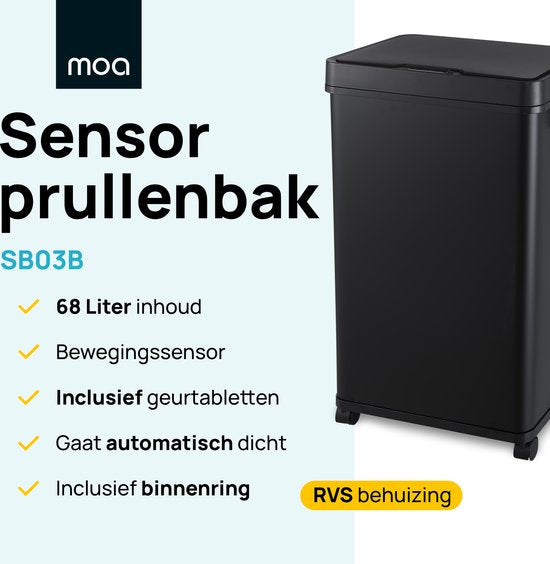MOA Mülleimer mit Sensor - 68 Liter - Abfalleimer - Edelstahl und langlebiges ABS - Rutschfest - Geräuschloser Deckel - Schließverzögerung - Schwarz - SB03B