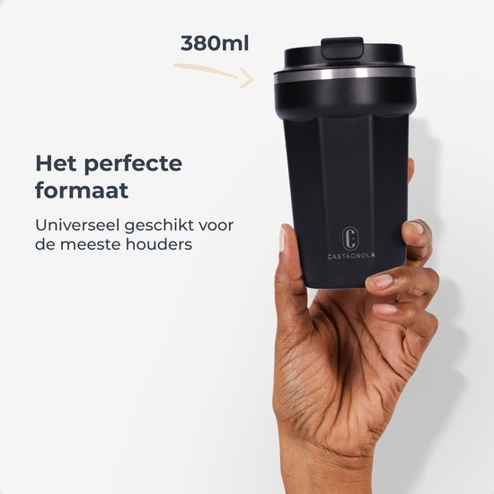 Castagnola Thermos Cup - Kaffeebecher To Go - Reisebecher für Kaffee und Tee - Teebecher - 380 ML - Edelstahl - Schwarz - Octagon