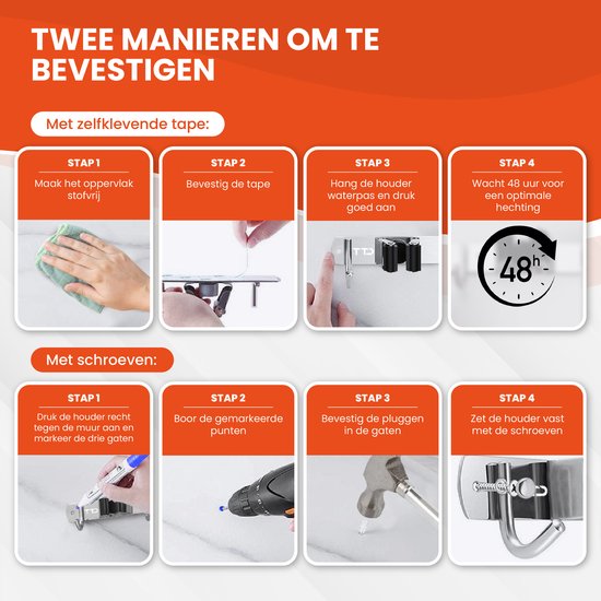 TTD® Luxe XXL Besenhalter und Besenaufhängesystem für Werkzeuge - Besenhalter selbstklebend - Werkzeughalter - Reinigung - 5 Aufhängehaken & 6 Werkzeugklammern - Aufbewahrungssystem - Gartengeräte - Handwerker - 62 CM - Edelstahl - 3M Tape Included
