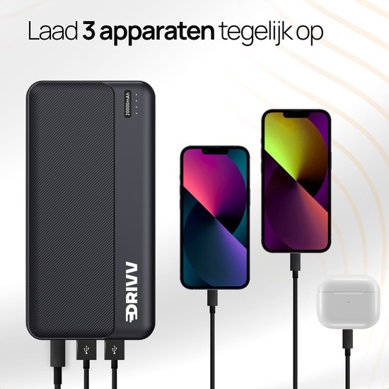 Drivv. Powerbank 20.000 mAh - Inklusive 100-W-Ladekabel - 22,5-W-Schnellladegerät - Quick Charge USB 3.0 - USB C - Geeignet für iPhone, Samsung und mehr