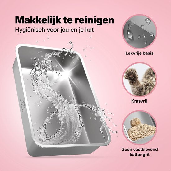 Jake und Jacky Edelstahl Katzenklo Hop In - Katzentoilette Edelstahl - Inkl. Katzenklo Schaufel mit Halterung und Streusammelschritt - Top Entry - 3 in 1 offenes Katzenklo mit abnehmbarem Deckel - 60x40x38cm