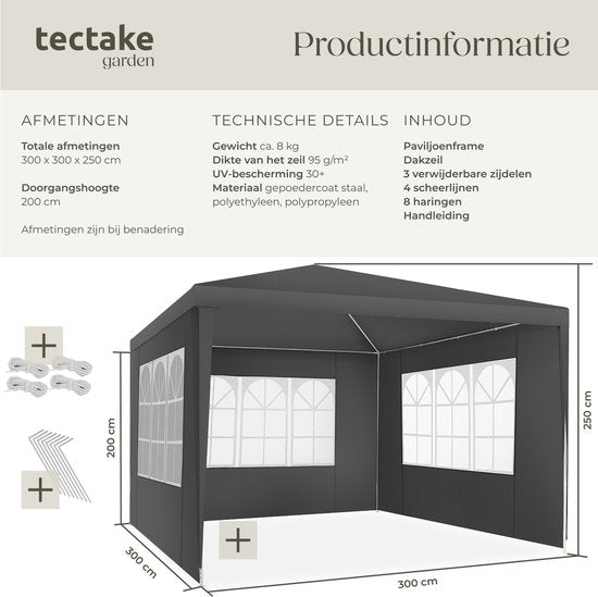 tectake - Pavillon Barinas - Partyzelt 3x3 m - Wasserdichte Plane mit 3 abnehmbaren Seitenwänden - Wetterfester Gartenpavillon - Inklusive Spannleinen und Heringe - Grau