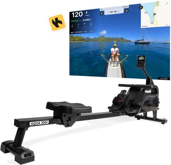 VirtuFit AQUA100i Rudergerät mit Wasserwiderstand - Einzelschiene - Inkl. Display, Tablet-Halter und Transportrollen - Kinomap & Fitshow - Max. 120 kg und 200 cm - Rudergerät - Rudergerät