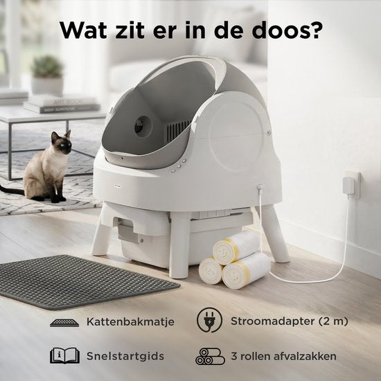 TrevoPet® Automatisches Katzenklo - Selbstreinigend & Sicher - Für Katzen bis zu 12KG - Inkl. Matte, 60 Abfallbeutel & Zubehör - 10L Abfallbehälter - Weiß & Grau