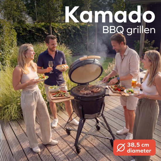 KitchenBrothers Kamado BBQ - 18 Zoll Holzkohlegrill - 38,5⌀ cm - Komplettset - Eiergrill mit Zubehör inklusive Abdeckung - Schwarz