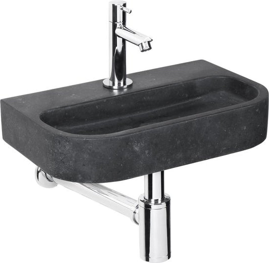 Differnz Oval Small Fountain Set - Spülbecken Naturstein - Schwarz - Gerader Wasserhahn - Chrom - Standard-Griff - 38 x 24 x 8 cm