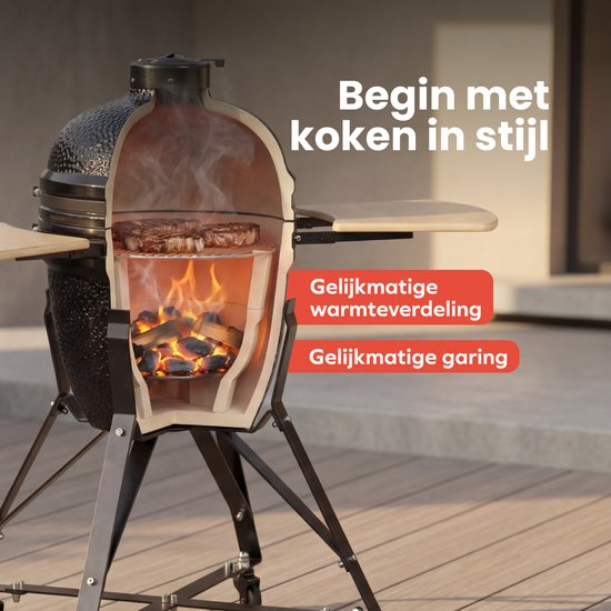 KitchenBrothers Kamado BBQ - 18 Zoll Holzkohlegrill - 38,5⌀ cm - Komplettset - Eiergrill mit Zubehör inklusive Abdeckung - Schwarz