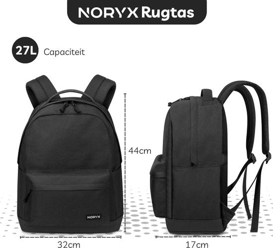 Noryx Origin Rucksack 27L - 15.6 Zoll - Laptop-Rucksack - Schultasche - Männer und Frauen - Spritzwassergeschützt - Schwarz
