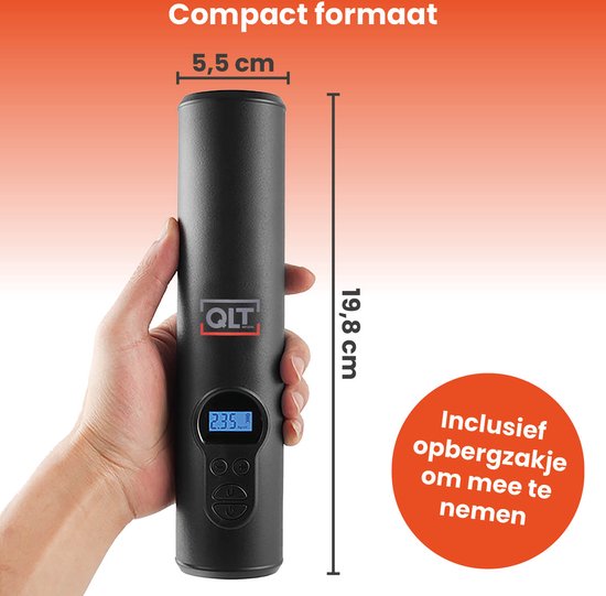 QLT Wireless Air Compressor mit LED-Beleuchtung - Elektrische Pumpe - Inklusive USB-Ladekabel und 4 Aufsätze - 10,3 Bar - LCD-Display - Schwarz