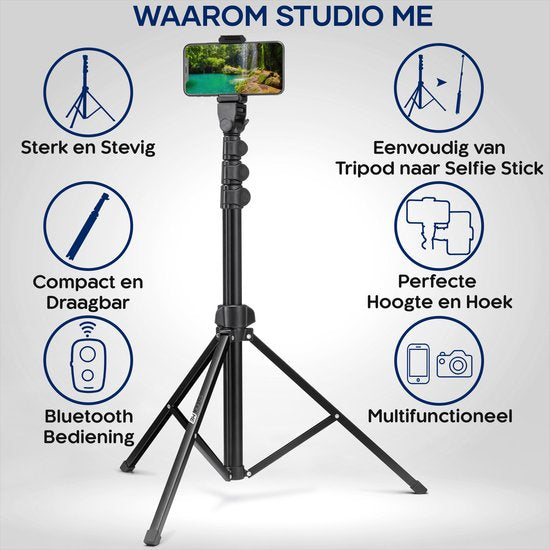 Studio ME Telefonstativ - 170 cm - Stativ Smartphone - Schwarz - Kamerastativ - Telefonhalterung - Inkl. Bluetooth-Fernbedienung - Stativ Iphone - Stativ Telefon