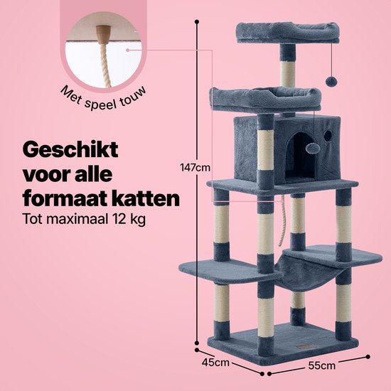 Jake und Jacky Kratzbaum für Katzen – Katzenkratzbaum – Kratzmöbel – Katzenbaum – Kratzbäume – Katzenhaus – Dunkelgrau – 147 cm hoch