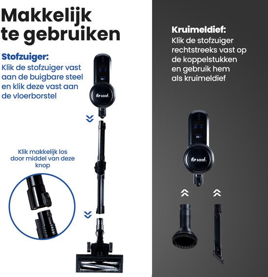 Saaf G90 Stick Staubsauger - 250W - Stick Staubsauger Cordless - Bagless Staubsauger - 7-teiliges Set mit biegbarem Griff - 30kPa - Dustbuster - Schwarz