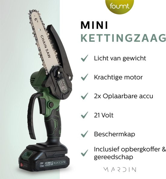 Mardin Mini-Kettensäge - Elektrische Astsäge - Baumsäge - Handkettensäge - Baumsäge - Heckenschere - 2 Batterien - Aufbewahrungskoffer - Grün