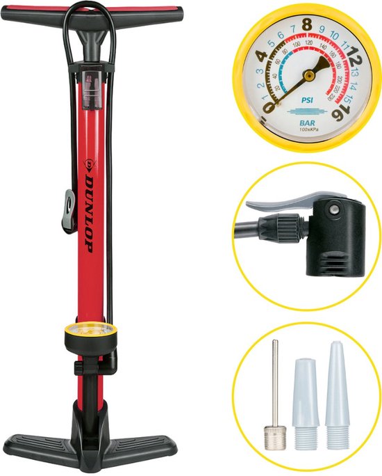 Dunlop Fahrradpumpe mit Manometer - Fahrradpumpe für Dunlop, Schrader und französische Ventile - Standpumpe inkl. Adapter für Wasserspielzeug und Bälle
