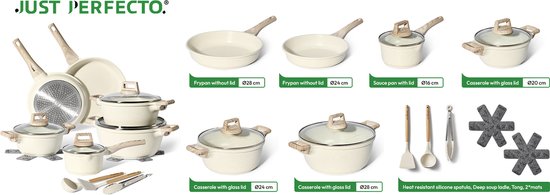 Just Perfecto 15-teiliges Induktionskochgeschirrset - Beigefarbenes Kochgeschirrset mit Deckel für Gas und Induktion - PFAS-frei - Kalte Griffe