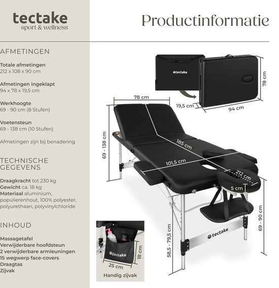 tectake 3 Zonen Massageliege - Behandlungsliege inkl. Tragetasche - 5 cm starke Polsterung - Aluminiumrahmen - 78 cm breit - 230kg Belastbarkeit - Inkl. 15 Kopfstützen - Schwarz