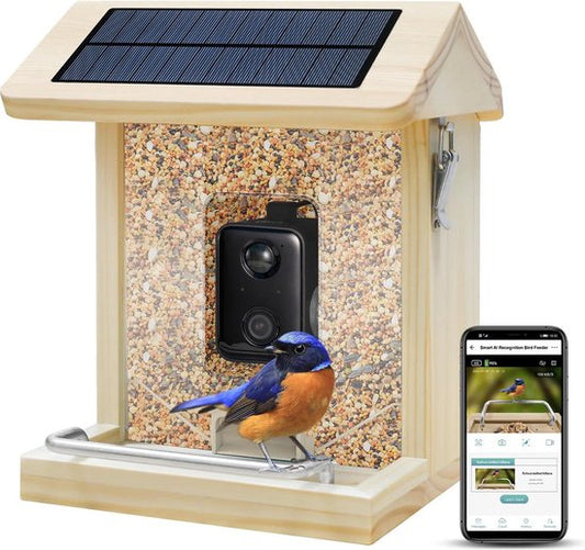 Vogelfutterhaus - Vogelhaus mit Kamera - Holz - AI-Vogelerkennung - 1080 HD - Audio - Mit Solarpanel