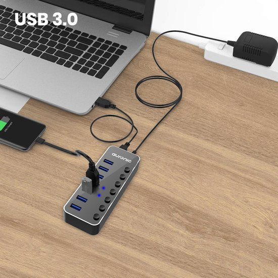 Auronic USB Hub 3.0 - USB Splitter mit 7 Ports - mit Netzteil - 5 GBPs - Led-Anzeige - Schwarz