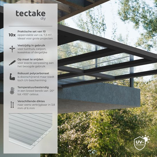 tectake® - 10er-Set Polycarbonatplatten - Stabile, lichtdurchlässige, UV-beständige Hohlkammerplatten - 121 x 60,5 cm - 7,32m² gesamt - Transparent - Gewächshausfolie - 4 mm stark