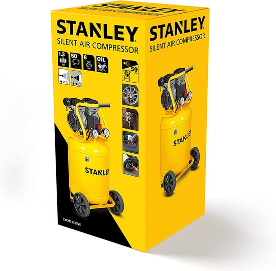 Stanley Kompressor, ölfreier Luftkompressor, geräuscharmer Kompressor, vertikal, 1 PS, 8 bar, Tankinhalt 50 L