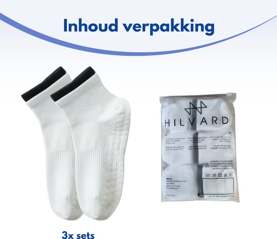 Hilvard Pilates Socken - Yoga Socken - Knöchelsocken - 3 Paar - Weiß und Schwarz - Rutschfeste Socken - Einheitsgröße