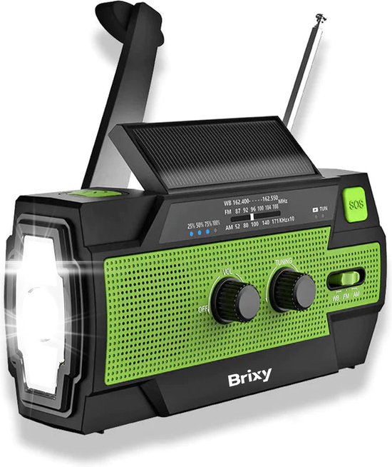 Brixy Emergency Radio - Radio mit Batterie für Notfälle - 4000 MAH - aufwickelbar - Solar - Taschenlampe - Powerbank - Grün