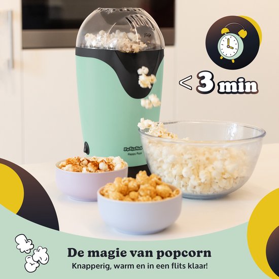 JAP Appliances Happy Pops - Retro-Popcornmaschine (2-3 Personen) - 1200W - Inklusive Mess- und Butterschmelzlöffel - Fertig in 3 Minuten - Ölfrei - Grün
