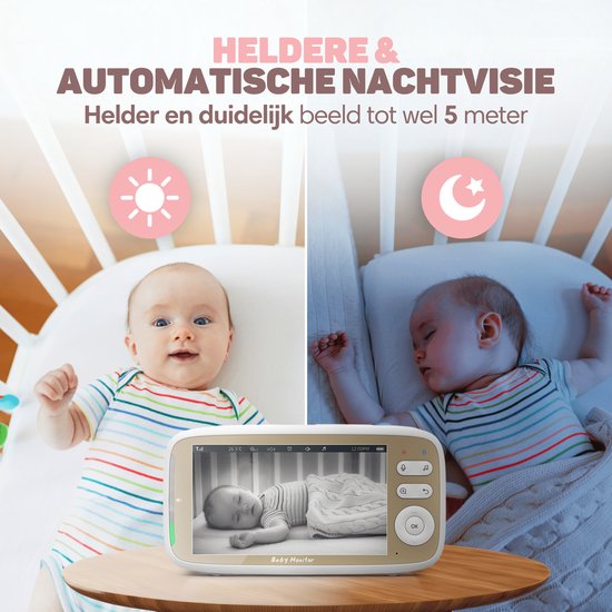 Vulpes Goods® Babycare Babyphone mit Kamera - Mit VOX - 5-Zoll- FULL HD Bildschirm - Fernbedienbar - Nachtsicht - PRO Version - Weiß