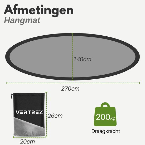 Vertrex Hammock Pro Hängematte mit Gurt und Karabiner für Hängematten - 270 x 140 cm - Max 200 kg - Grau/Schwarz