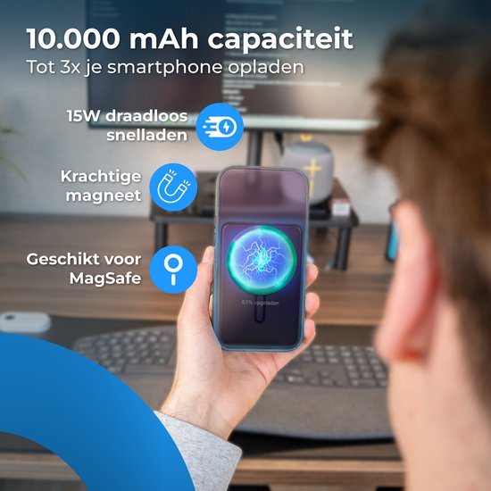 Nuvance Powerbank 10000 mAh - Geeignet für MagSafe - 15W Schnellladegerät - Wireless Powerbank - Usb-A 22.5W & Usb-C 20W - Schwarz