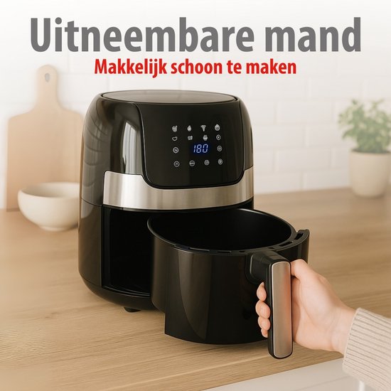 alpina Airfryer 4.5L- Heißluftfritteuse für 2 bis 4 Personen - Luftfritteuse mit einstellbarer Temperatur von 80°C bis 200°C - Timer bis zu 60 Minuten - Heißluftfritteuse 1400W - Schwarz