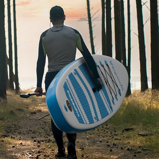LifeGoods PaddlePro SUP Board - mit Sitz - Aufblasbares Paddle Board - Komplettset - Max. 135KG - 320x81cm - Weiß/Himmelblau