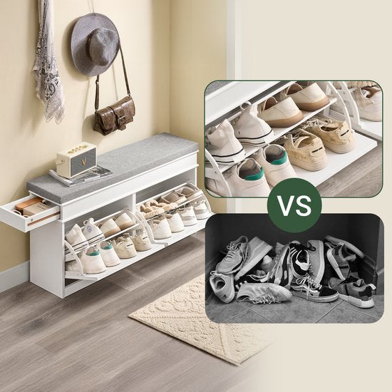 SoBuy Schuhbank mit Sitzkissen - 8 Paar Schuhe - Klappfächer & Schublade - 104 x 24 x 51 cm - Weiß