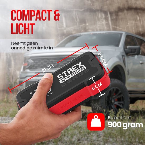Strex - 12V Starthilfe mit Kompressor - 4000A - 24.000 mAh - 5-in-1 Funktion mit Led-Taschenlampe & SOS - Inklusive Hardcover-Tasche - Kunststoff - Schwarz & Rot
