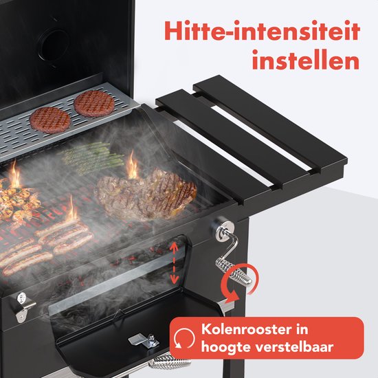 KitchenBrothers Holzkohlegrill - Verstellbarer Kohlerost - 42x57cm Grillfläche - Seitenwände - Schwarz