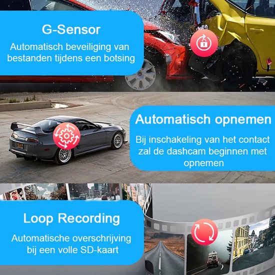 Tech Essentials® Dual Dashcam S1-Wifi für Auto - Mit Rückfahrkamera Universal - Full HD - Mit 64GB Micro SD Karte - Mit Nachtsicht - APP | Vorne und hinten