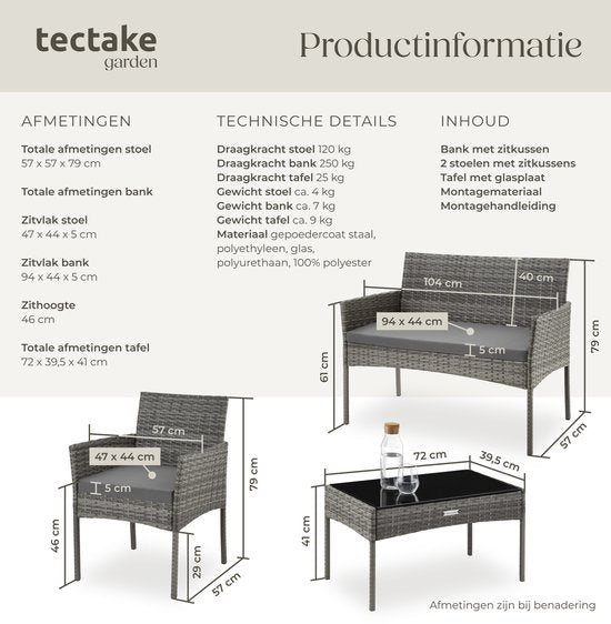 tectake® - Geflecht-Gartenset Palese - Sitzgruppe für 4 Personen - Gartenmöbelset mit Loungebank, Gartentisch und 2 Gartenstühlen inklusive Sitzkissen - Gartenmöbel - Wasserfest - Grau