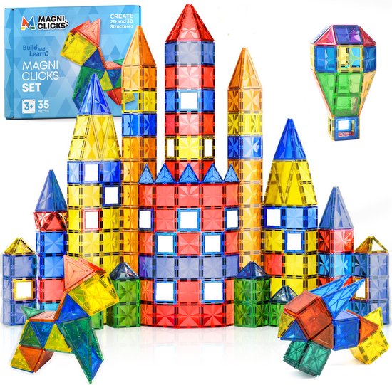 MagniClicks Magnetic Tiles 35 Stück - Magnetisches Spielzeug - Montessori - Magnetische Fliesen - Bausteine