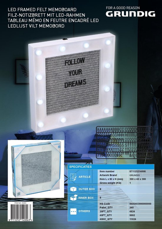 Grundig Memoboard - 150 Buchstaben - Filz - LED - 30x30cm