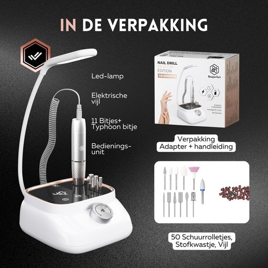 Beeperfect® Elektrische Nagelfeile Desktop Edition - Nagelfräse - Maniküre- und Pediküreset - 40.000 U/min - kabellos & wiederaufladbar - 11 Bits 3 Zubehör & 56 Schleifrollen - Rose Gold