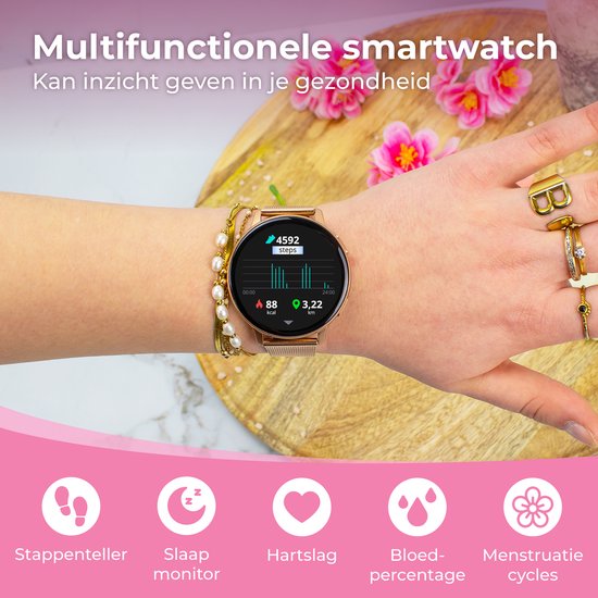 Nuvance Smartwatch Damen - Inkl. Edelstahl & Silikonband - Misst Sport & Schlaf & Körper - Pink Gold