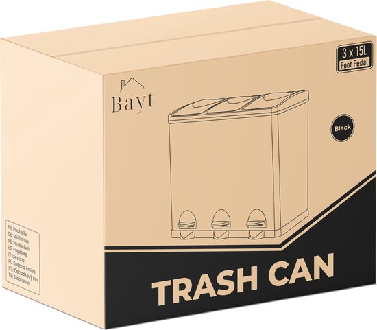 Bayt Mülleimer - Treteimer 45 Liter - Mülleimer 45 Liter - Mülleimer 45 Liter - Mülltrennung - Mülleimer 3 Fächer - 3x15 Liter- Abfalleimer- Edelstahl - Schwarz