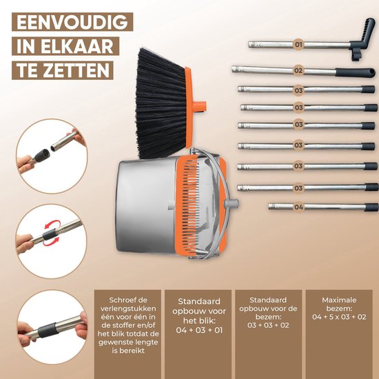 TTD® Kehrschaufel und Bürste mit langem Stiel XXL - Verstellbar 54-263 cm - Besen - Besenstiel - Grau & Orange - Kehrschaufel und Bürste - Schmutzbehälter für drinnen und draußen - Integrierte Reinigungszähne