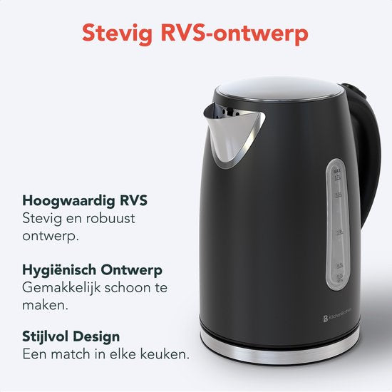 KitchenBrothers Wasserkocher - Elektrisch - 1,7L - 2200W - Edelstahl-Wasserkocher - Schwarz